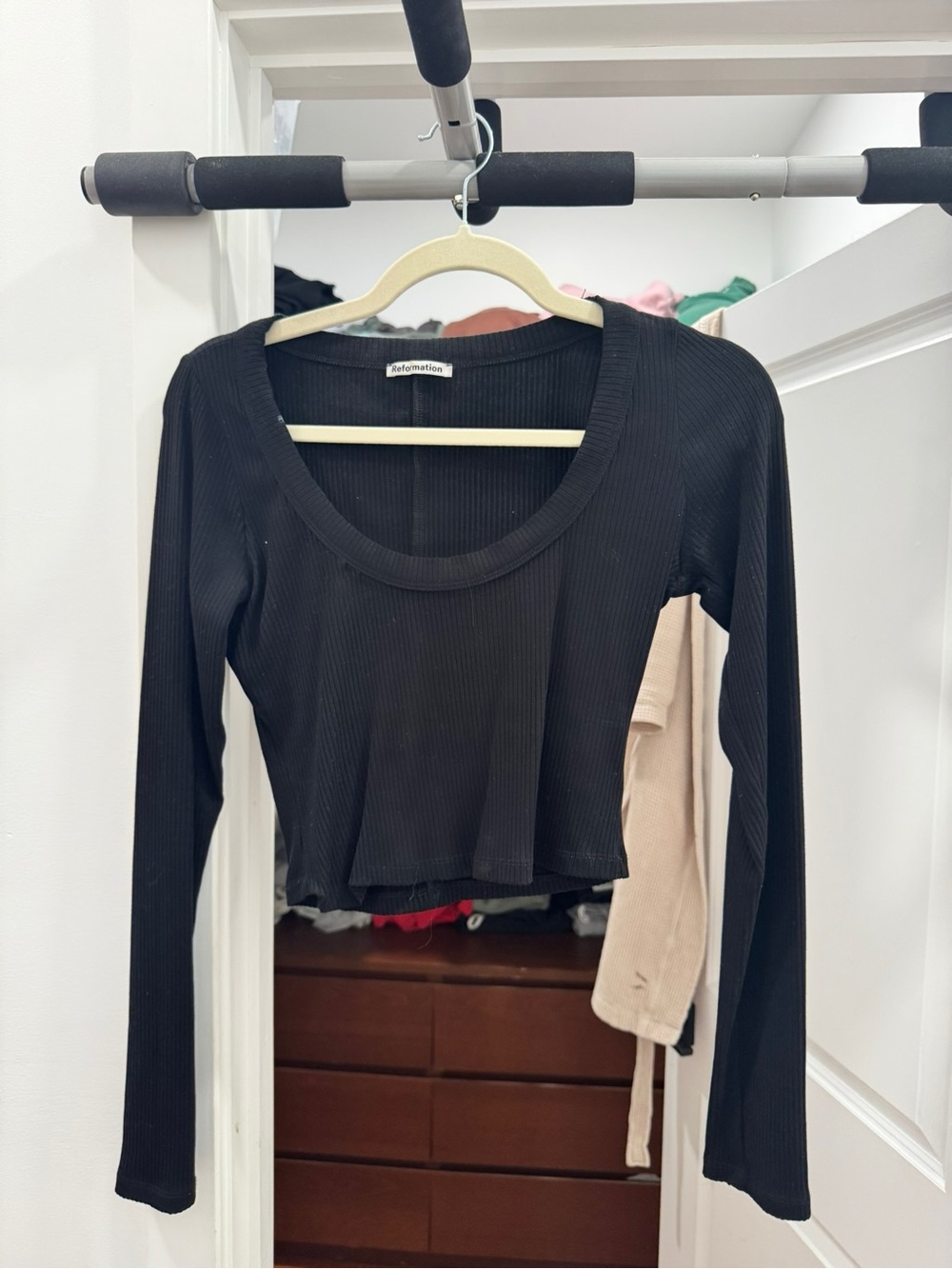Reformation Black Ribbed Scoop-Neck Long Sleeve Top